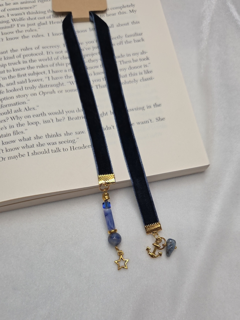 Handmade Dark Blue Velvet Ribbon Blue Gold Beaded Bookmark Star Anchor Charms